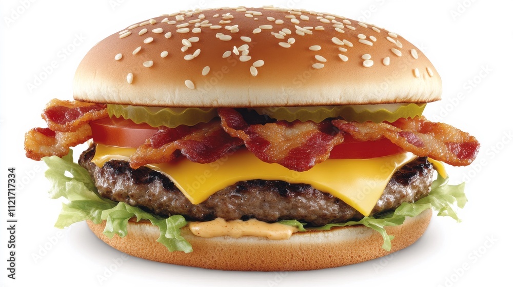 A large hamburger with bacon, cheese, and tomato. The burger is topped with lettuce and has a sesame seed bun A large hamburger with bacon, cheese, and tomato. The burger is topped with lettuce and has a sesame seed bun