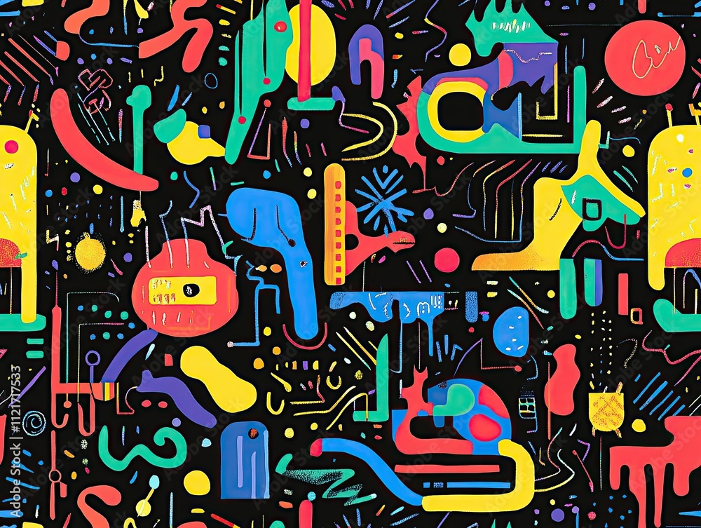 Abstract colorful pattern with geometric shapes and lines on black background.