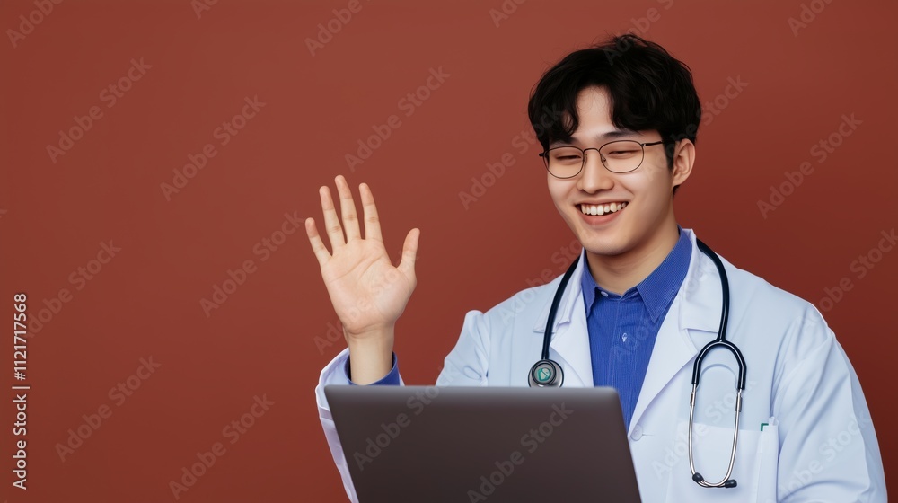 Smiling male doctor wearing glasses and a stethoscope, waving while using a laptop, against a warm terracotta background. Virtual consultation, telemedicine interaction copy space template Smiling male doctor wearing glasses and a stethoscope, waving while using a laptop, against a warm terracotta background. Virtual consultation, telemedicine interaction copy space template