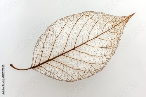 Delicate skeleton of a dried leaf, showcasing intricate vein patterns against a white background. photo