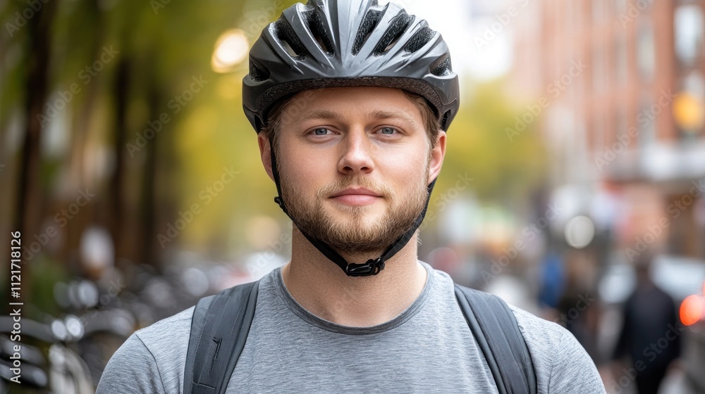 A young man wearing a helmet pauses on a lively city street surrounded by trees A young man wearing a helmet pauses on a lively city street surrounded by trees