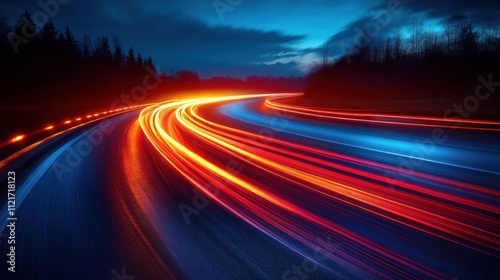 Nighttime highway with vibrant light trails 