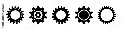 Gear wheel abstract vector set. Collection of different black cogwheels isolated on transparent background. Doodle style gear mechanism. New business idea, teamwork, progress, technology.