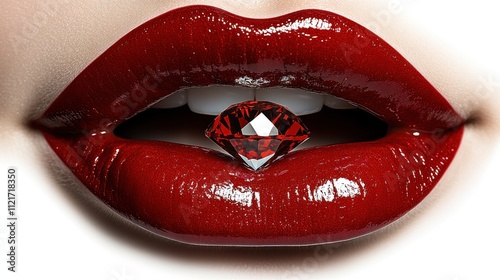 Luscious red lips embrace a sparkling jewel, embodying glamour and allure in a captivating moment photo