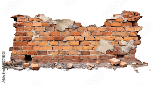 Weathered brick wall with peeling plaster and debris on a transparent background
