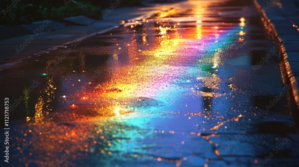 Rainbow reflection, wet pavement, city lights. Rainbow reflection, wet pavement, city lights.