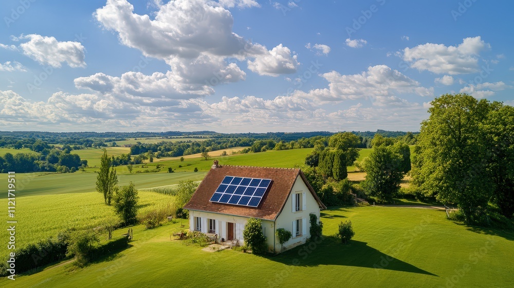 A charming country house with solar panels on the roof, nestled in a vast green landscape with rolling fields and tree-lined borders. 