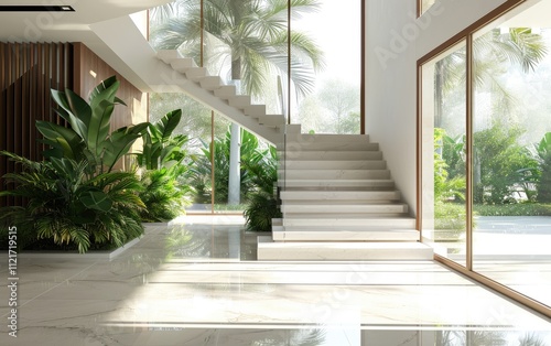 Modern villa entranceway with sleek concrete staircase near bush tropical houseplant and natural light from large windows photo