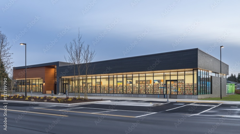 Obraz premium Illuminating Modern Retail Storefront Architecture in Suburban Setting