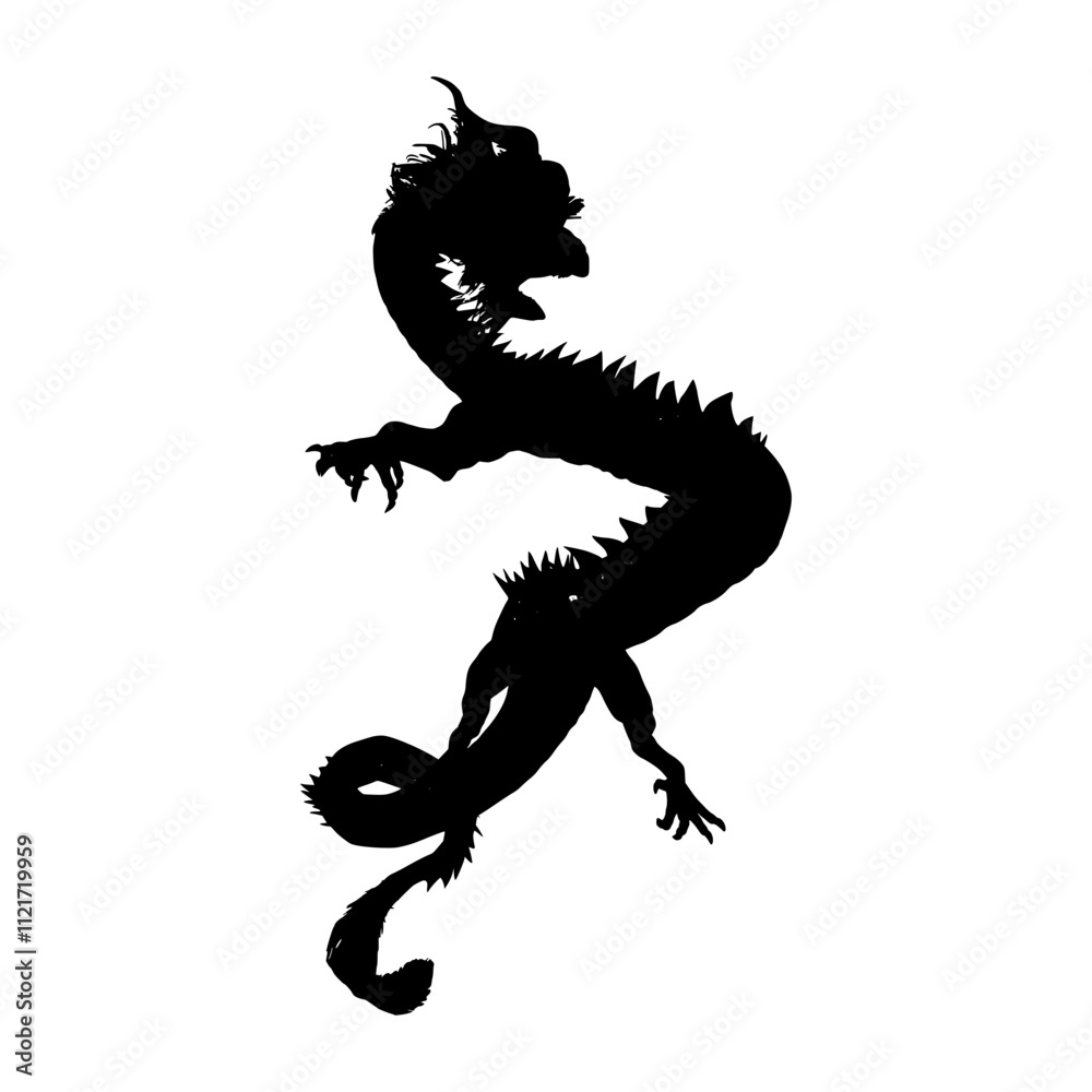 Dragon silhouette, Chinese zodiac, horoscope symbol, icon. Black oriental monster, magic fantasy legend animal shadow profile, side view. Flat graphic vector illustration isolated on white background Dragon silhouette, Chinese zodiac, horoscope symbol, icon. Black oriental monster, magic fantasy legend animal shadow profile, side view. Flat graphic vector illustration isolated on white background