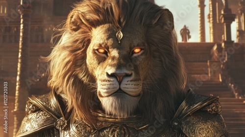 Majestic lion in ornate armor, exuding power and regality 