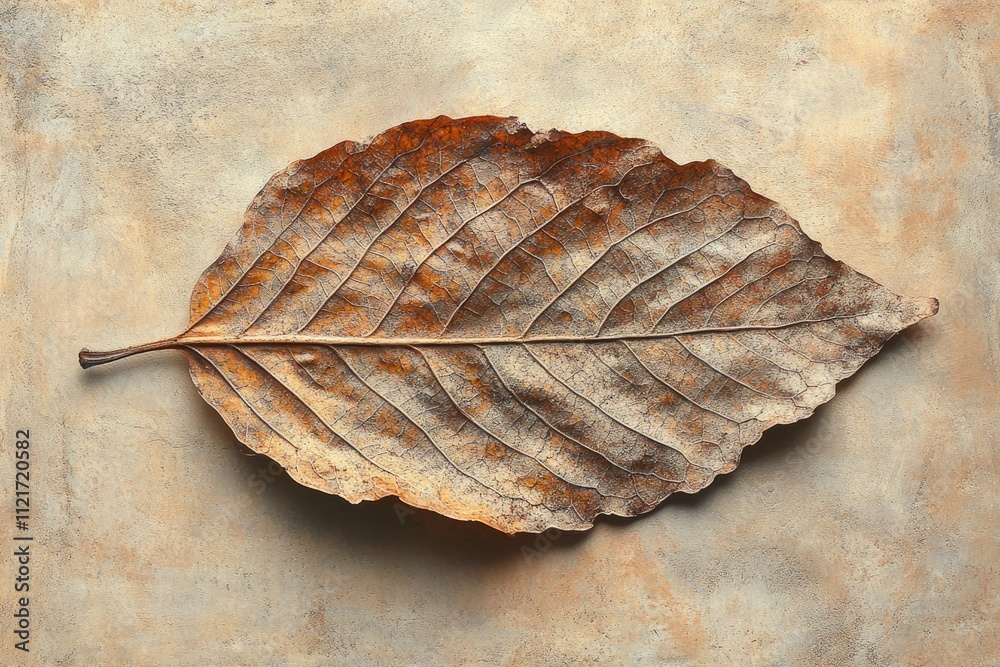 A single, dried leaf rests on a textured beige surface, showcasing intricate veins and autumnal hues. A single, dried leaf rests on a textured beige surface, showcasing intricate veins and autumnal hues.