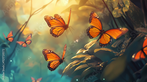 Butterflies fluttering around a fantastical flower. Arcadia. Illustration