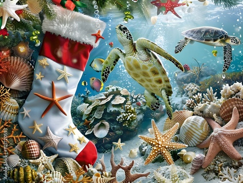 A Christmas Finds a New Home Under the Magical Sea Filled with Seashells and Starfish Creating a Serene Underwater Scene with Graceful Sea Turtles