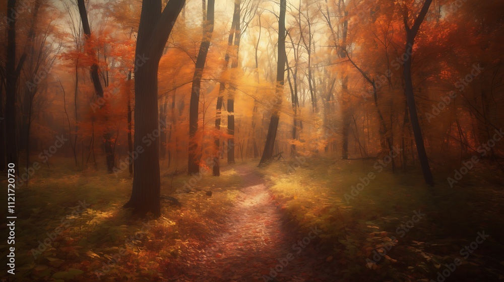 Autumn Path Through a Misty Forest of Orange and Gold Autumn Path Through a Misty Forest of Orange and Gold