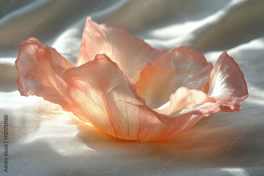 Delicate, translucent flower petals, backlit, showcasing intricate veins and soft peachy hues. Delicate, translucent flower petals, backlit, showcasing intricate veins and soft peachy hues.