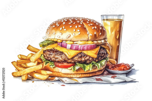 Fastfood set, hamburger, french fies, cola, hand drawn watercolor illustration isolated on white