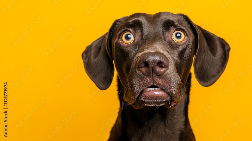 Adorable brown dog with big, expressive eyes against a vibrant yellow background. Adorable brown dog with big, expressive eyes against a vibrant yellow background.