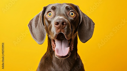 Surprised Doggo! This adorable brown dog's wide-eyed expression against a vibrant yellow background is sure to brighten your day!