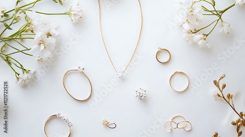 Elegant gold jewelry with delicate diamond accents, arranged amongst white flowers.  Perfect for a bridal shoot or catalog.