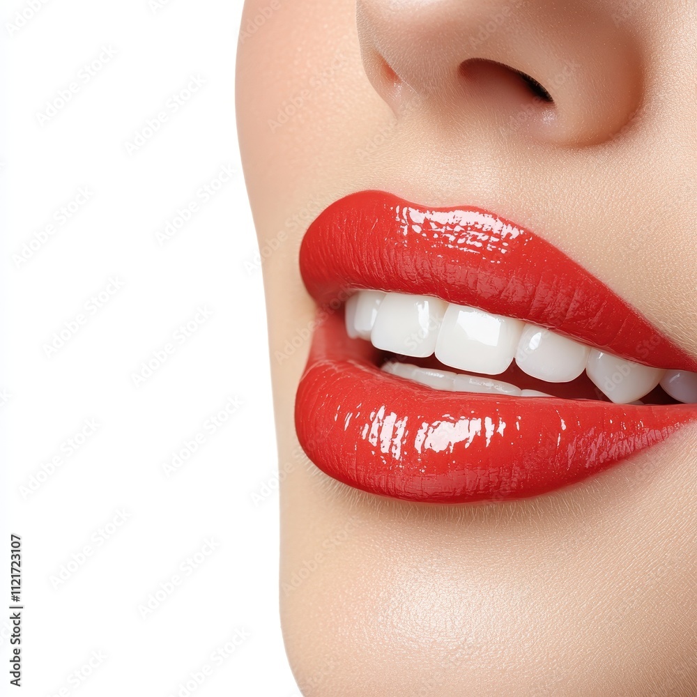 Obraz premium Close up of Woman's Lips with Red Glossy Lipstick and Bright White Teeth