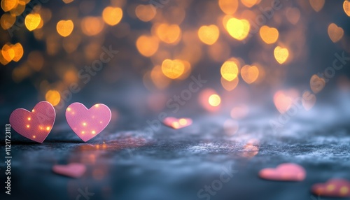 Pink And Yellow Heart Shaped Light Bokeh Valentine Mockup On Grey Seamless Backdrop For Digital Product Placement Or Text Overlay.