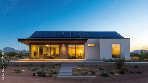 A modern Arizona home with sleek solar panels installed on its rooftop, surrounded by desert landscaping and illuminated by the bright midday sun under a clear blue sky.