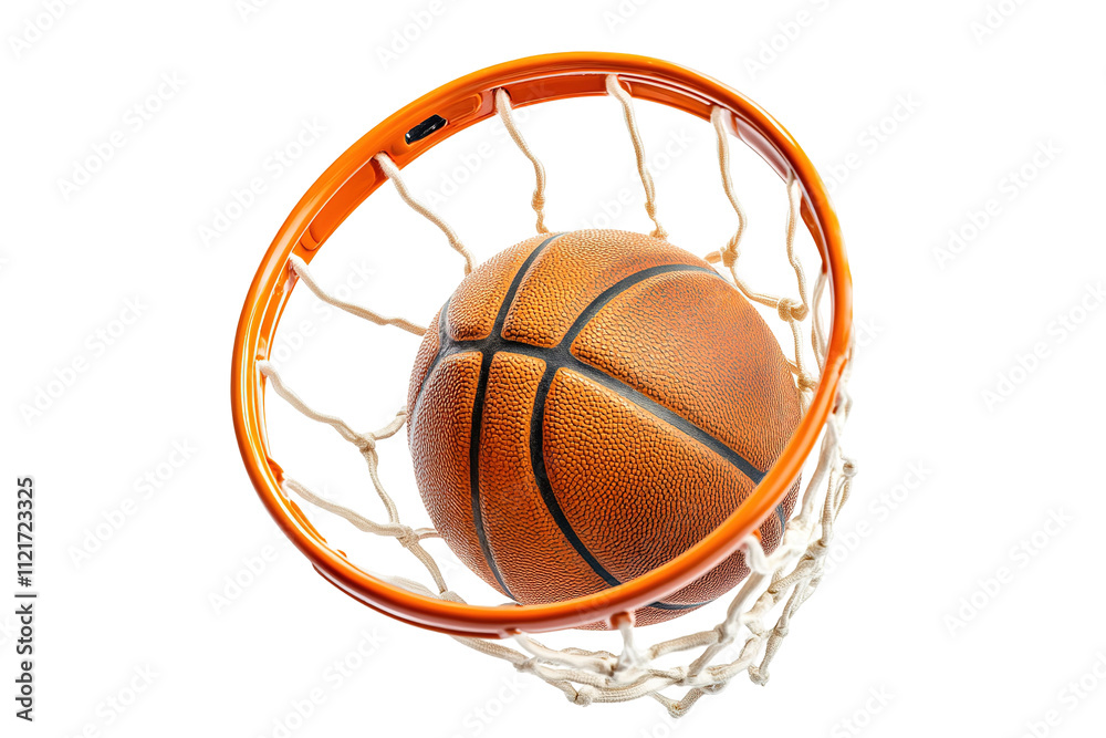 A basketball is in a net, with the net being orange. on transparent background. A basketball is in a net, with the net being orange. on transparent background.