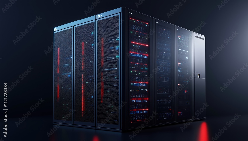 3d Rendering Of Server Racks In A Computer Network Security Server Room Data Center: A Detailed Visualization Of Technology Infrastructure. 3d Rendering Of Server Racks In A Computer Network Security Server Room Data Center: A Detailed Visualization Of Technology Infrastructure.