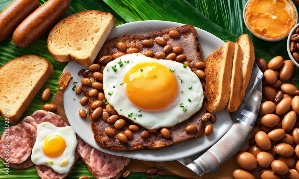 breakfast table with eggs and meat breakfast table with eggs and meat