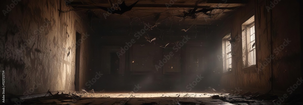 Bats flying in the darkness of an abandoned hallway with cobwebs hanging from the ceiling, bats, eerie landscape, haunted house