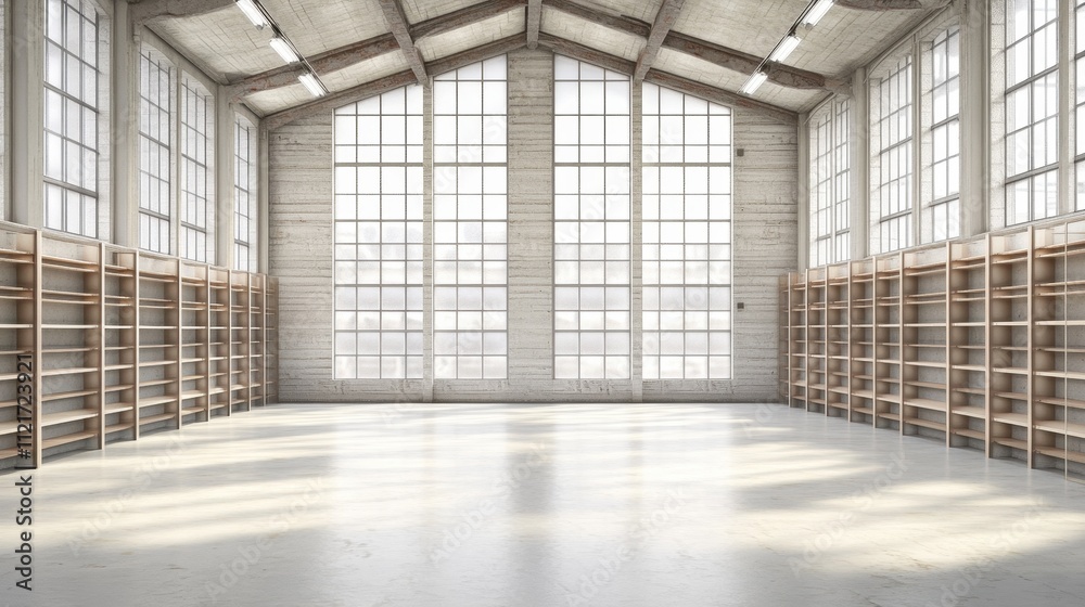 Bright and Airy Warehouse Interior with Shelving Units Bright and Airy Warehouse Interior with Shelving Units