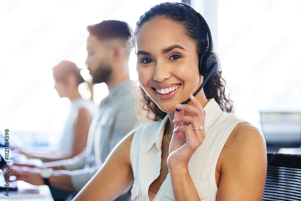 Call center, portrait or happy woman in customer support for communication, questions or contact service. Face, lead generation or virtual assistant with insurance advice, inbound sales or headset Call center, portrait or happy woman in customer support for communication, questions or contact service. Face, lead generation or virtual assistant with insurance advice, inbound sales or headset