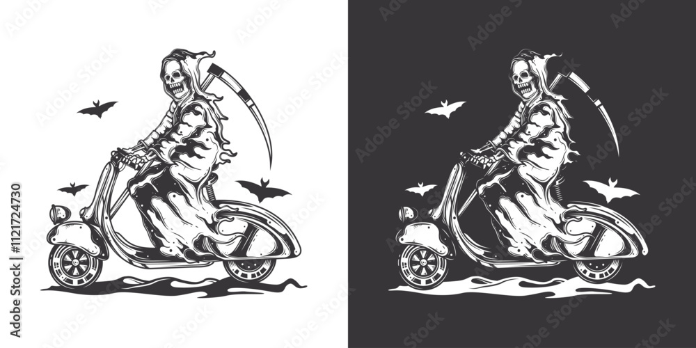 Fototapeta premium Death on a Scooter. Halloween Poster. Original vector illustration in vintage style. T-shirt design.