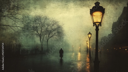 Solitary figure walks rain-swept, lamplit street.