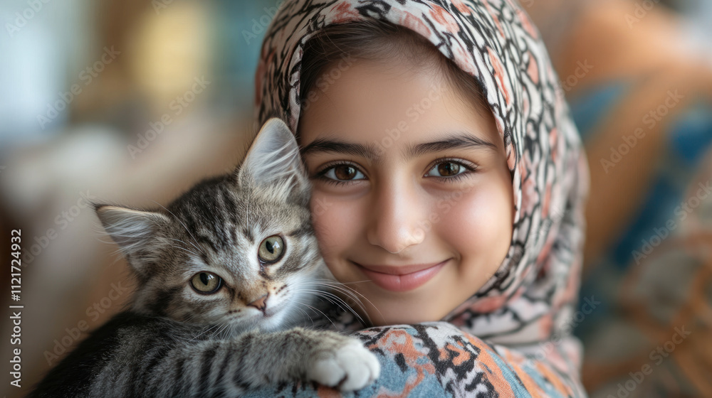 Arabian girl holding pet cat kitten playing on living room together Arabian girl holding pet cat kitten playing on living room together