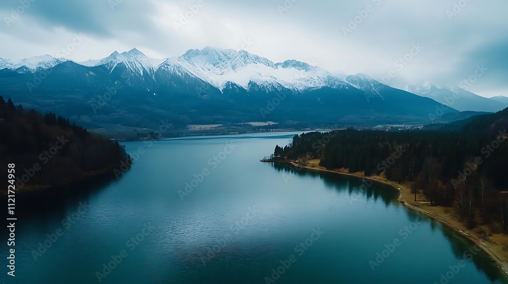 Serene mountain lake with snow-capped peaks reflecting in the tranquil water.