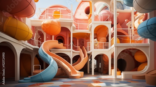 A cheerful playground with a ball pit and a lively slide, perfect for playful and active children. photo