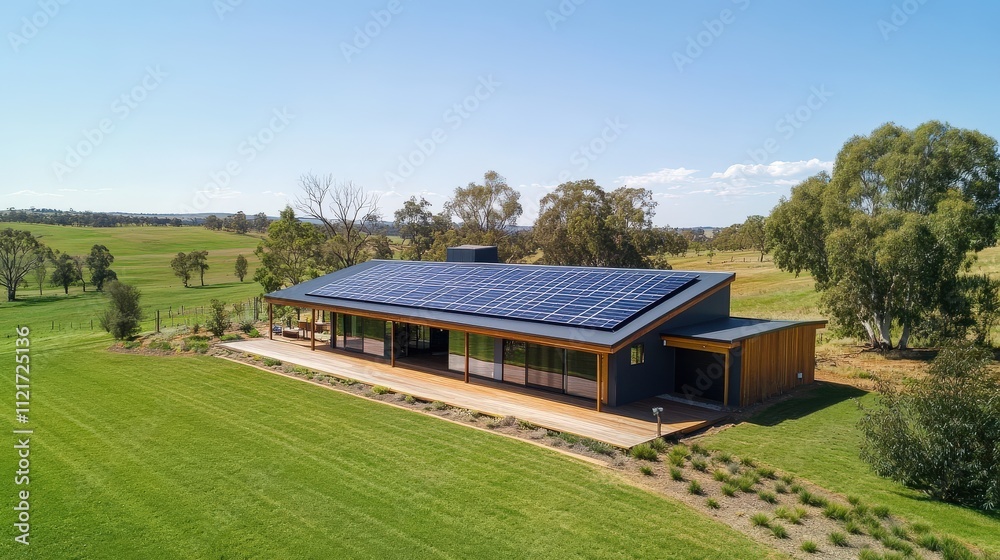 A solar-powered rural home set in a scenic environment with expansive green fields and a backdrop of trees. Solar panels gleam on the roof, symbolizing clean energy A solar-powered rural home set in a scenic environment with expansive green fields and a backdrop of trees. Solar panels gleam on the roof, symbolizing clean energy