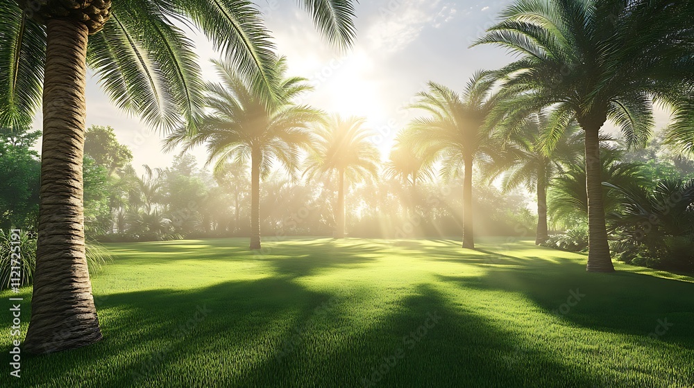 Serene sunrise in a lush tropical paradise. Palm trees cast long shadows on a vibrant green lawn. Serene sunrise in a lush tropical paradise. Palm trees cast long shadows on a vibrant green lawn.
