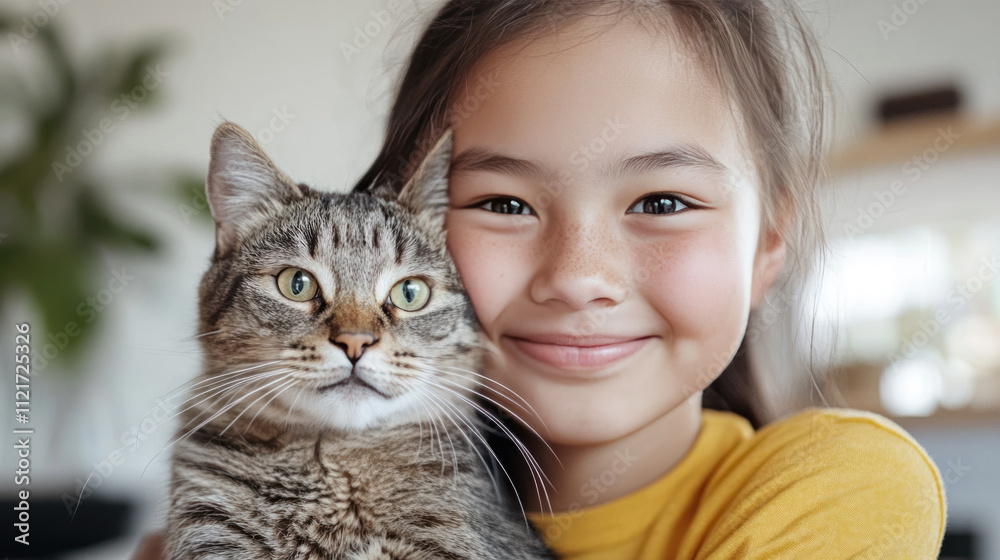 Australian girl holding pet cat kitten playing on living room together Australian girl holding pet cat kitten playing on living room together