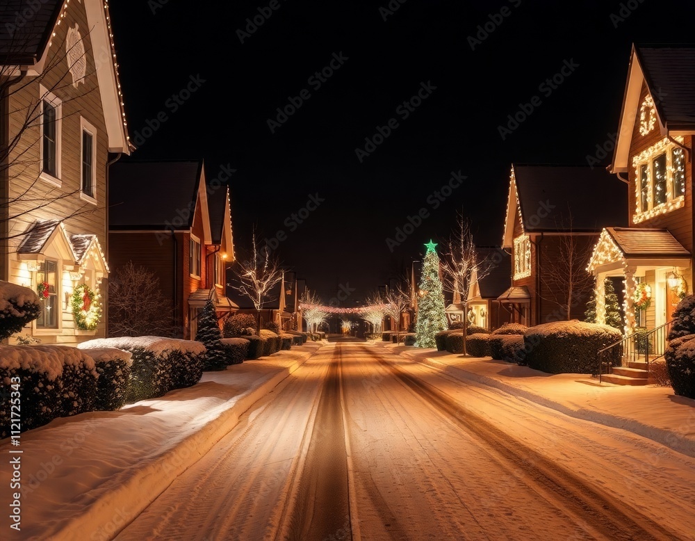 Obraz premium Bright and Festive Neighborhood in the Snow