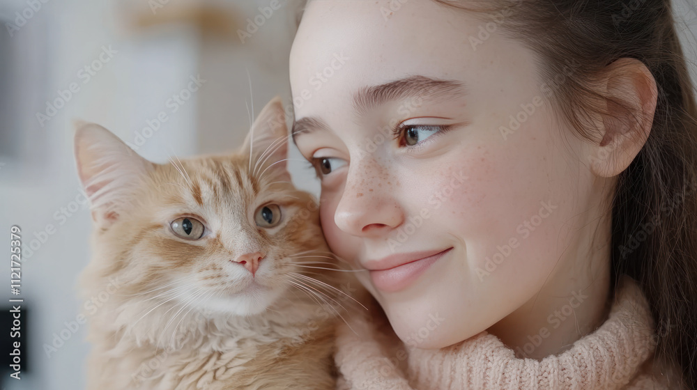Australian girl holding pet cat kitten playing on living room together Australian girl holding pet cat kitten playing on living room together