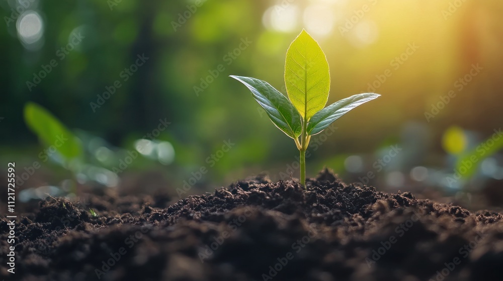 Young green plant growing in fertile soil with sunlight in the background Young green plant growing in fertile soil with sunlight in the background