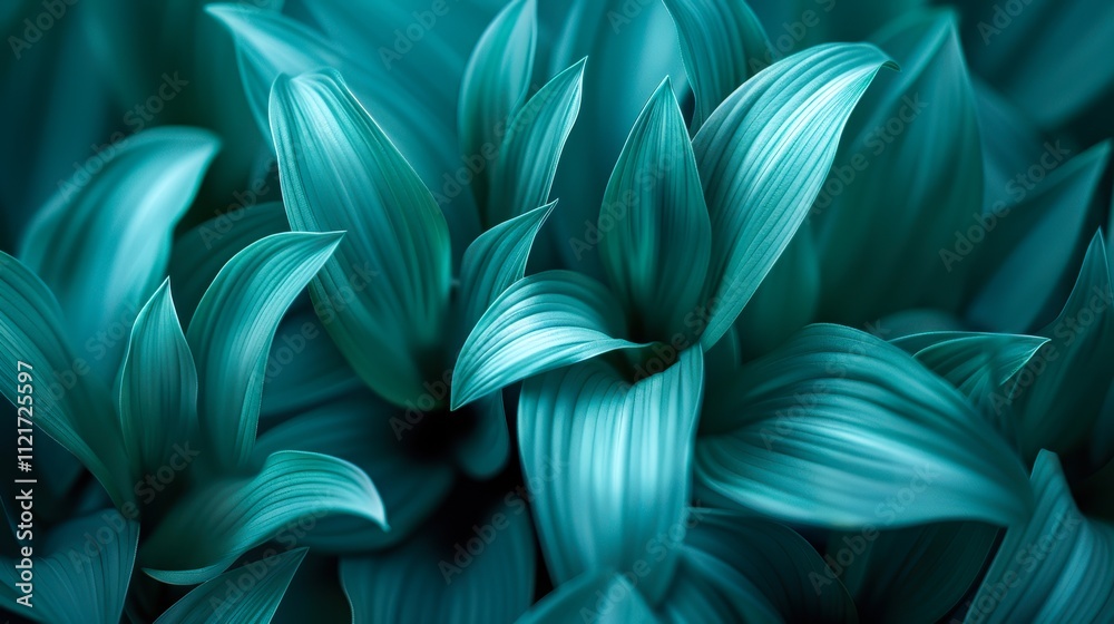 A close-up view of vibrant turquoise leaves, showcasing intricate textures and shapes, This image is ideal for projects related to nature, wellness, or design, conveying freshness and tranquility,