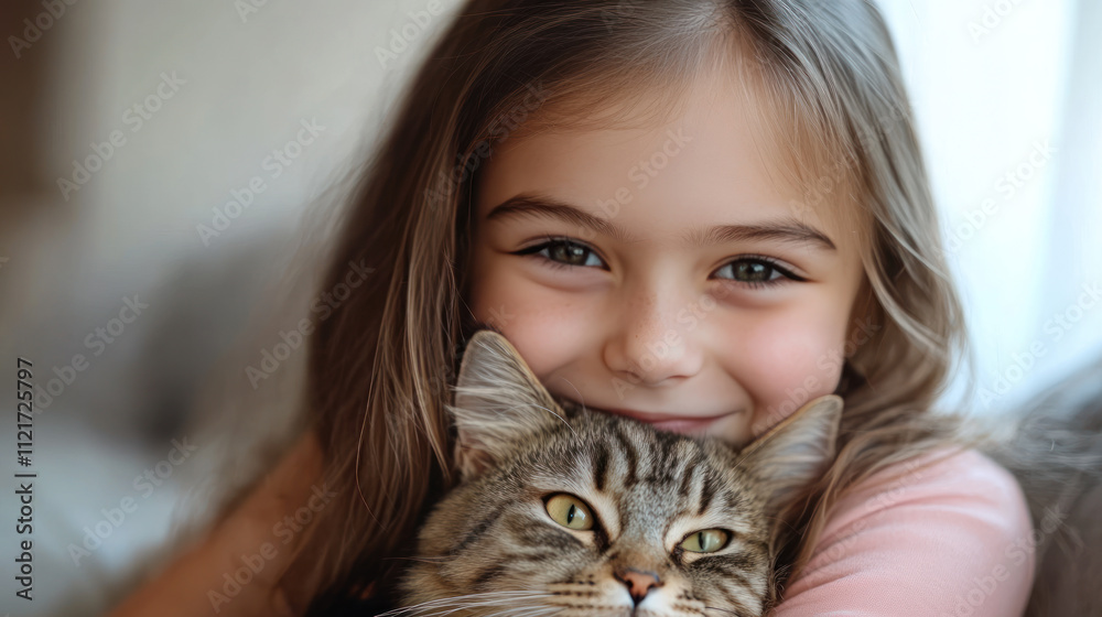 Canadian girl holding pet cat kitten playing on living room together