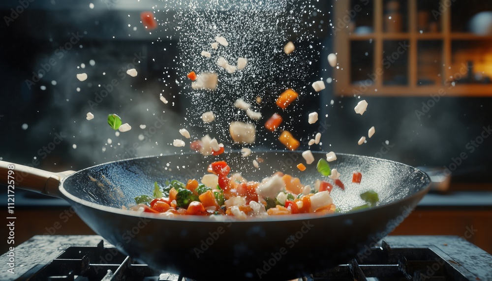 Chef Adds Salt While Tossing Ingredients In Midair: Capturing The Frozen Action Of Wok Pan In A Busy Kitchen Setting. Chef Adds Salt While Tossing Ingredients In Midair: Capturing The Frozen Action Of Wok Pan In A Busy Kitchen Setting.