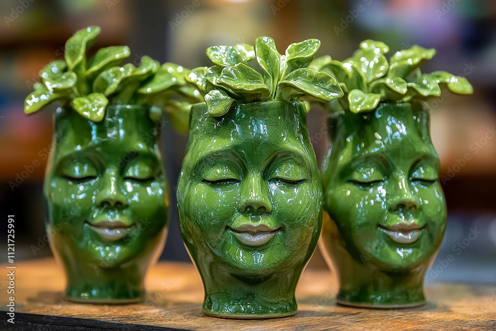 Fototapeta premium Unique ceramic planters shaped like smiling faces with leaves