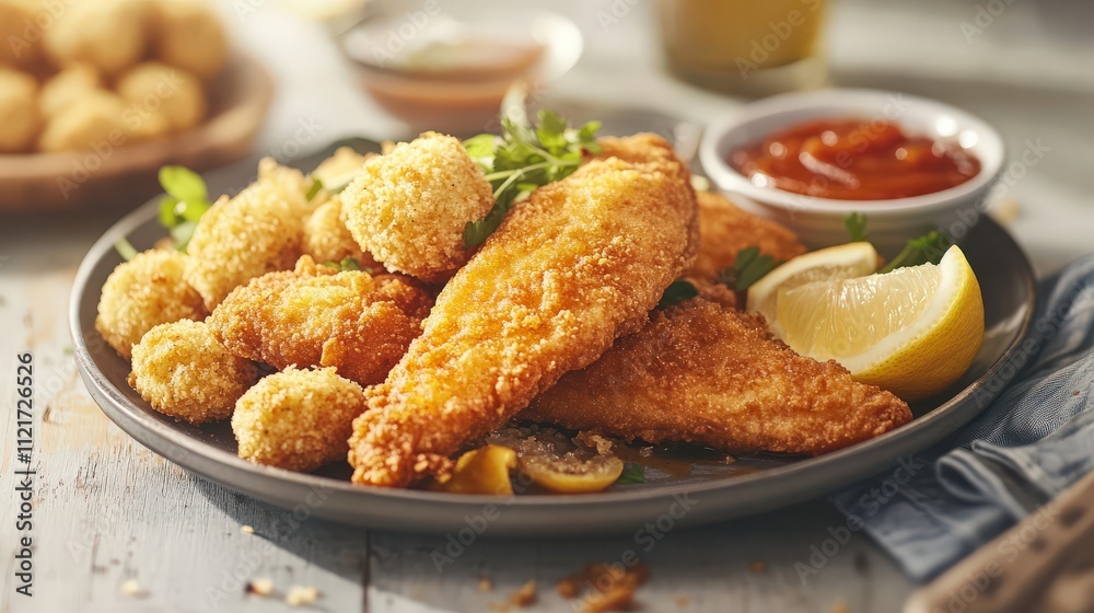 Golden fried catfish served with crunchy hushpuppies, a side of tangy sauce, and a slice of lemon, presented in a nostalgic Southern diner, photographed to highlight Golden fried catfish served with crunchy hushpuppies, a side of tangy sauce, and a slice of lemon, presented in a nostalgic Southern diner, photographed to highlight
