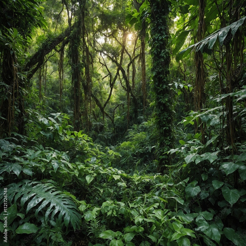 Fototapeta premium A thick jungle alive with vibrant green foliage and vines.